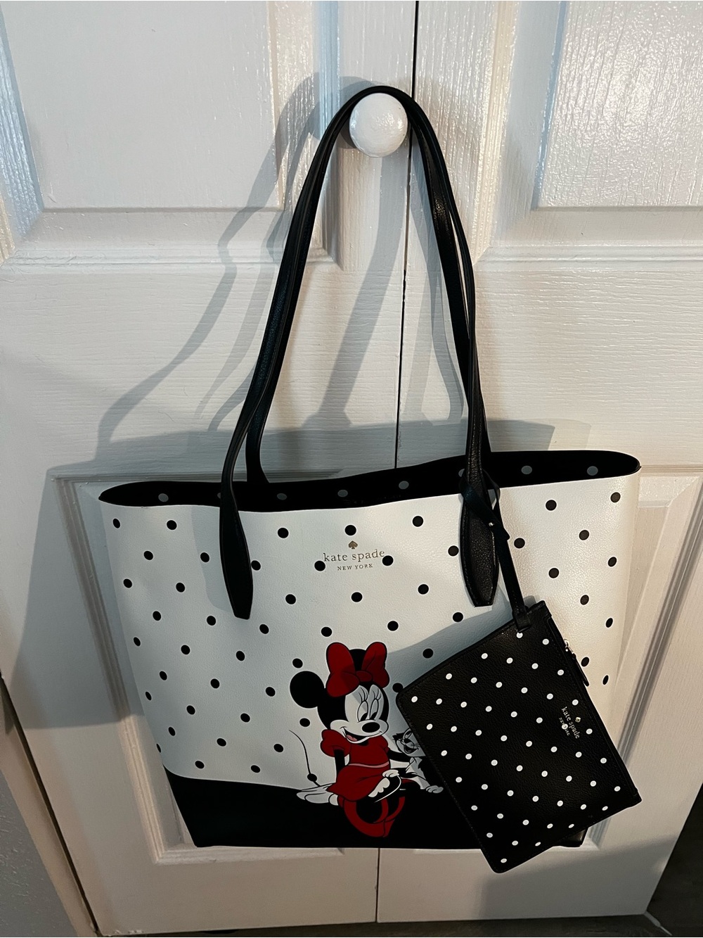 kate spade White/Black/Red Polka Dot Tote with Character Motif